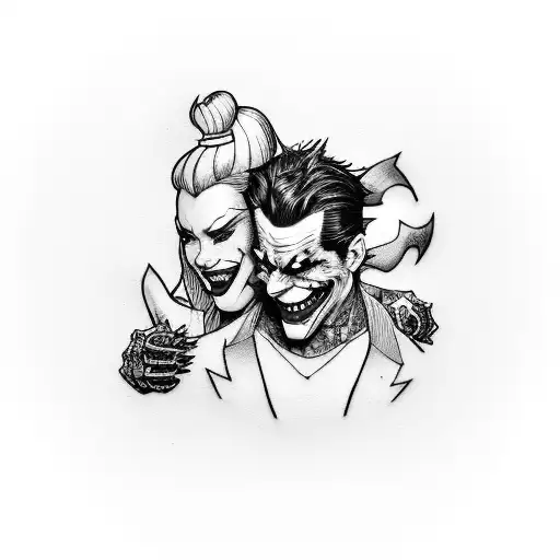 A tattoo of a graffiti mural depicting the Joker and Harley Quinn dancing in a New York City alleyway, representing the client's love for graffiti, comics, and the characters tattoo design idea