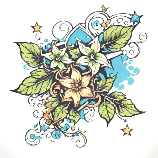 stars shining, ivy, blue sky, love tattoo design idea