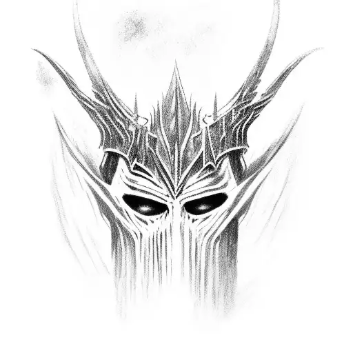 Morgoth from lord of the rings black and white that looks like Sauron and has World Trade Center in the back with eye tattoo design idea