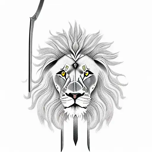 a lion in front of a sword, handle is a tree tattoo design idea
