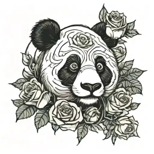 Panda face and roses tattoo design idea