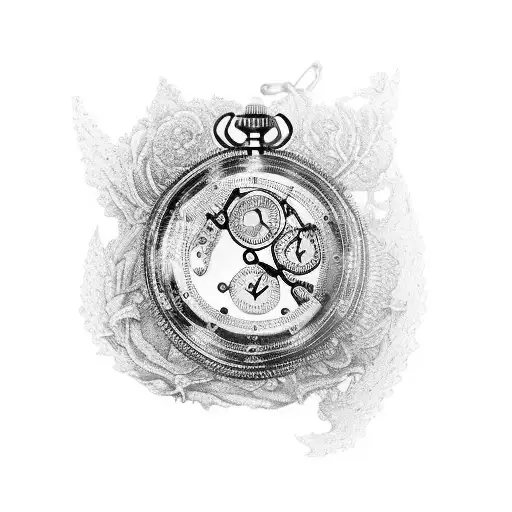 Blackwork "Stopwatch And Chain With Broken Glass..." Tattoo Idea BlackInk AI