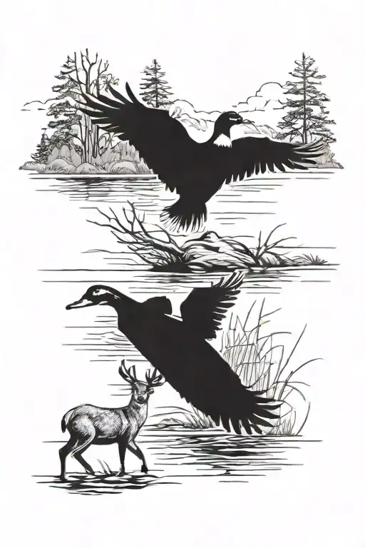 duck and deer hunting scene tattoo design idea