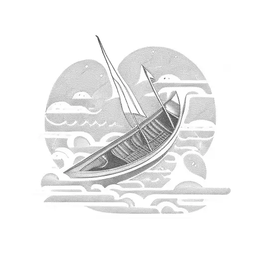 a small boat without shank from side, one guy is sitting on it, on is jumping from it, one is climbing on the boat  tattoo design idea