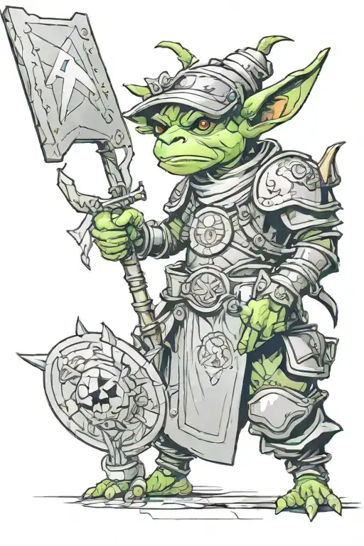 Goblin in armor holds road sign of the zodiac virgo tattoo design idea