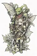 Goblin in armor and a fairy with flowers tattoo design idea
