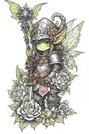 Goblin in armor and a fairy with flowers tattoo design idea