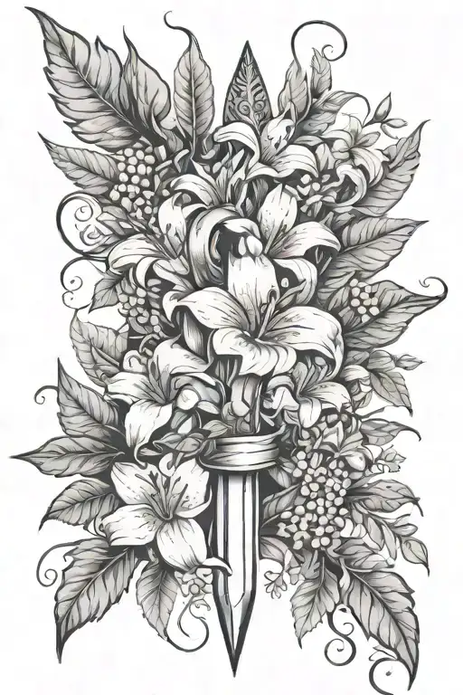 dagger, eucalyptus, ivy, fern, lilies, jasmine flowers tattoo design idea