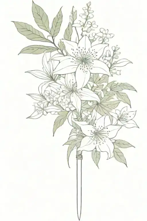 dagger, eucalyptus, ivy, fern, lilies, jasmine flowers tattoo design idea