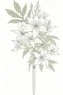 dagger, eucalyptus, ivy, fern, lilies, jasmine flowers tattoo design idea