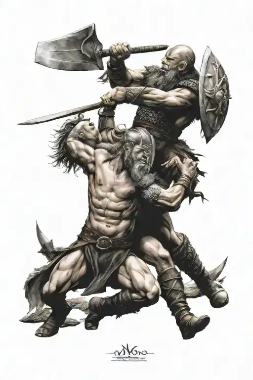 fight between 2 vikings warrior with axe tattoo design idea