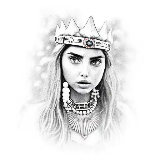 The face Ana De Armas with a Cheyenne crown of Native Americans and the pearl necklace of vivienne westeood tattoo design idea