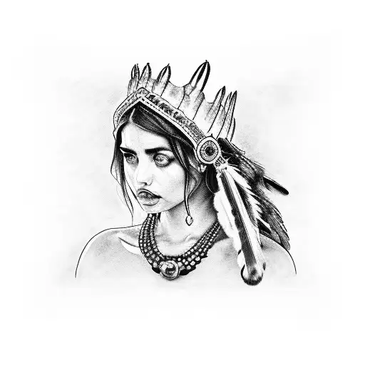 The face Ana De Armas with a Cheyenne crown of Native Americans and the pearl crown necklace of vivienne westeood tattoo design idea