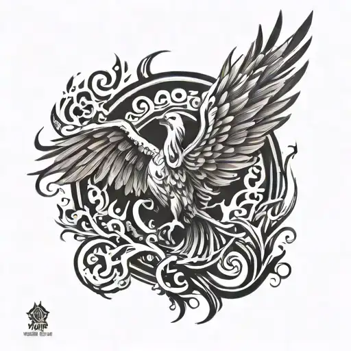 A tattoo design of a phoenix rising from the ashes, symbolizing transformation and rebirth, incorporating elements of Greek mythology tattoo design idea