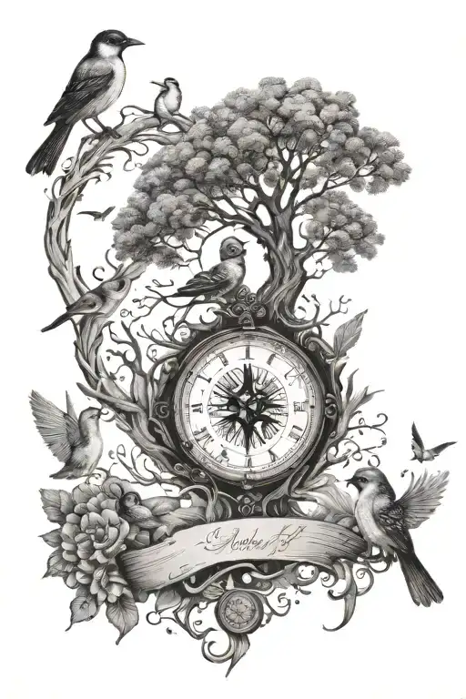 tree of life, passage of time, migratory birds, family, compass tattoo design idea