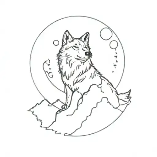 Wolf howling at the moon in front of a series of travel destinations tattoo design idea