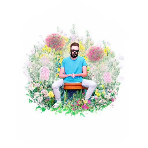 man sitting behind flowers tattoo design idea
