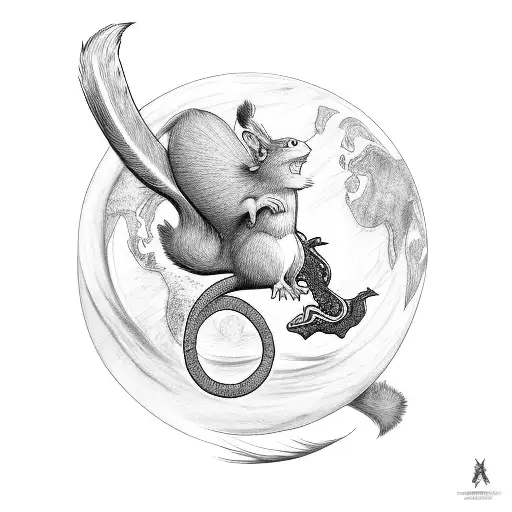 Ratatoskr running up the world tree with serpent on the bottom and eagle at the top tattoo design idea