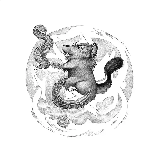 Ratatoskr running up the world tree with serpent on the bottom and eagle at the top tattoo design idea