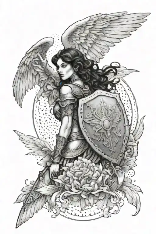 warrior woman angel with huge wings, holding lace and shield, looking forward tattoo design idea