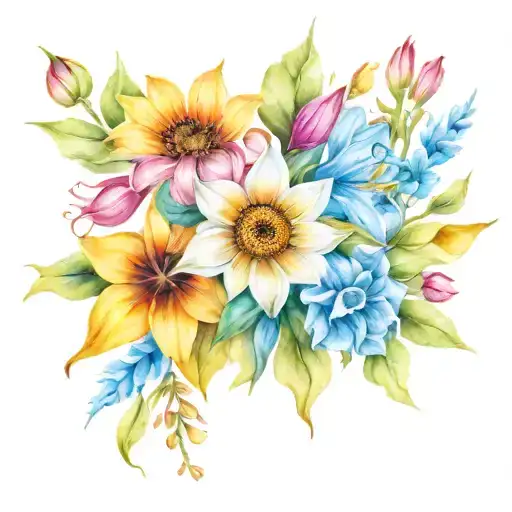 Small sunflower, columbine, lily, iris flower tattoo bouquet on wrist  tattoo design idea