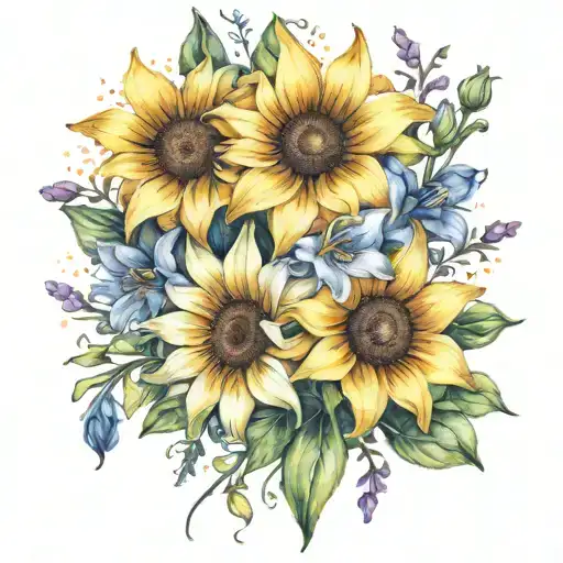 Small sunflower, columbine, lily, iris flower tattoo bouquet on wrist  tattoo design idea