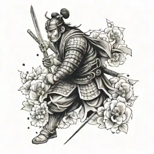 A samurai warrior tattoo with your children's birth flowers as part of the armor design tattoo design idea
