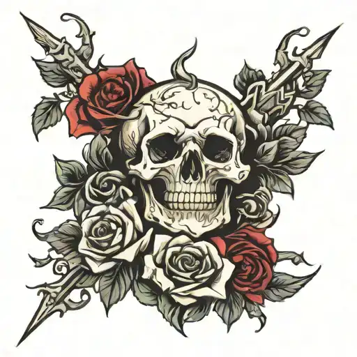 skull roses dagger thorns tattoo design idea