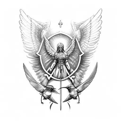Archangel Michael with sword and shield and a hummingbird above tattoo design idea