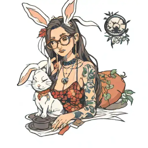 aroused skinny european woman, long face, long brown straight hair, very big nose, glasses, thin lips, white bunny ears tattoo design idea