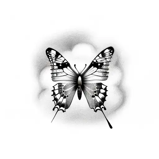 A realistic depiction of a butterfly flying through a cloudy sky, with the words 'Jeremiah 1:5' subtly integrated into the scene tattoo design idea
