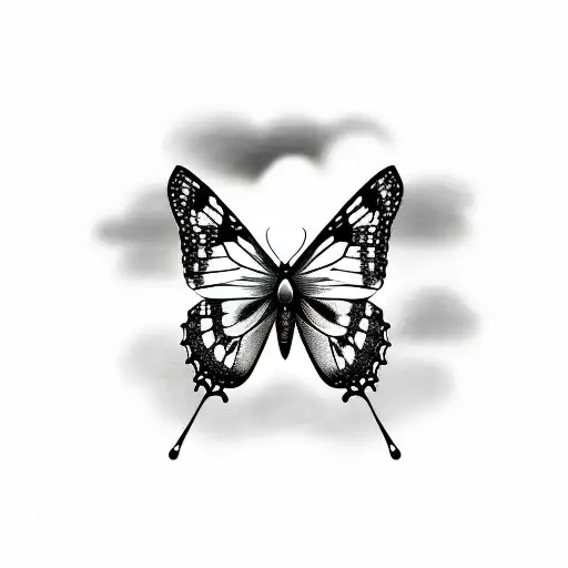 A realistic depiction of a butterfly flying through a cloudy sky, with the words 'Jeremiah 1:5' subtly integrated into the scene tattoo design idea