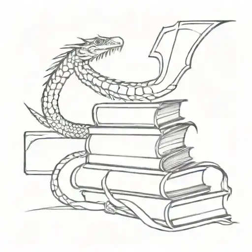 Stack of books wrapped in a snake and dragons flying over it tattoo design idea