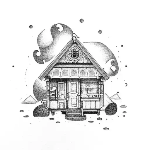 a tiny house in the beach tattoo design idea