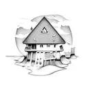 A beach scene with a house-shaped sandcastle tattoo design idea