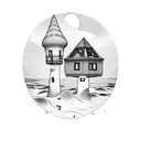A beach scene with a house-shaped sandcastle tattoo design idea