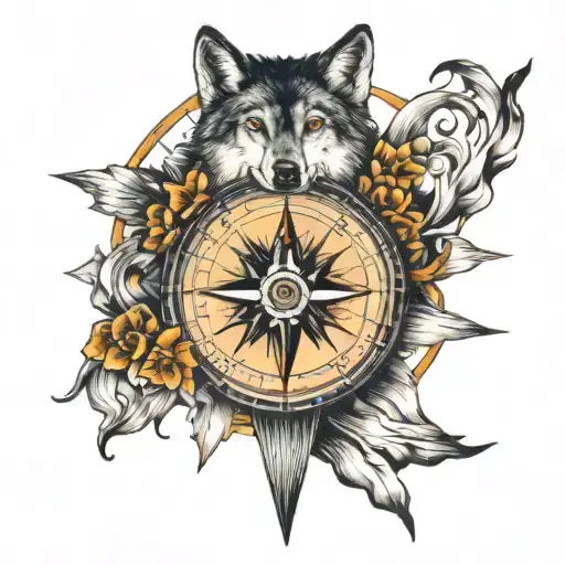 compass and wolf  tattoo design idea