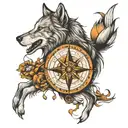 compass and wolf  tattoo design idea