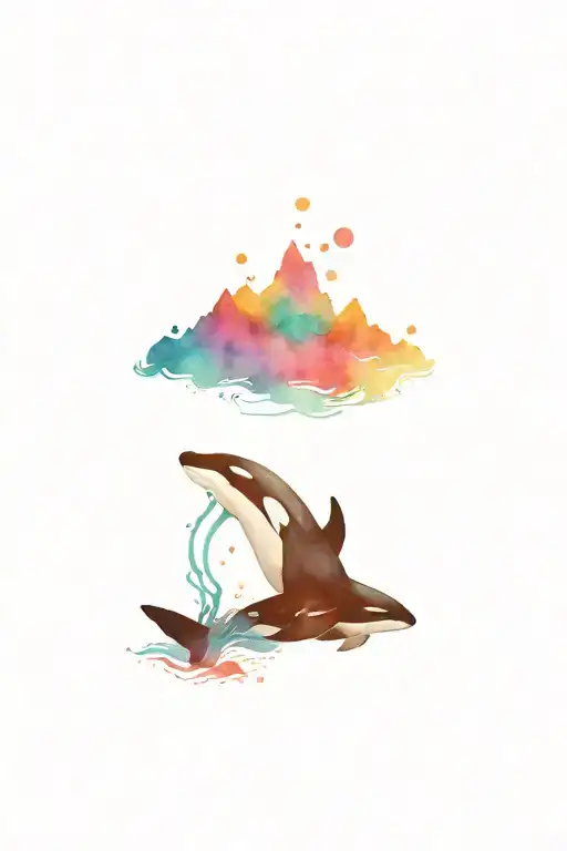 orca in ocean, mountains, aurora borealis merging tattoo design idea