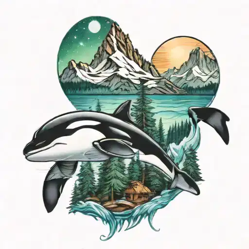 orca, evergreen tree, mountains, aurora, camping scene tattoo design idea