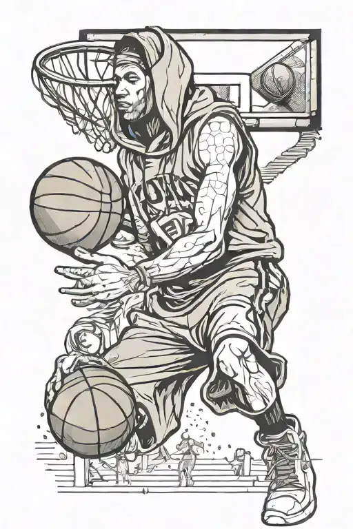 a guy in a hood holds a basketball ball on his finger, and from behind a basketball player dunks into the hoop tattoo design idea