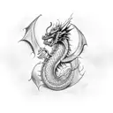 A celestial dragon wrapped around a black and grey representation of the anti right arm symbol tattoo design idea