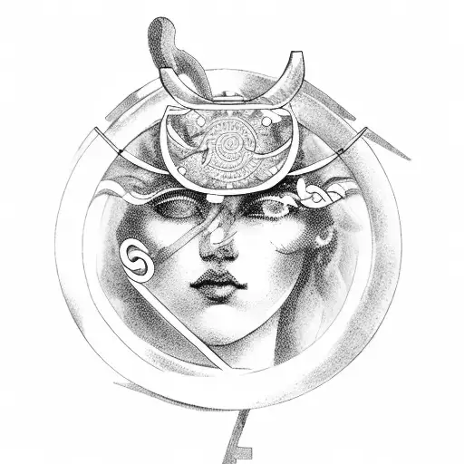 ancient greek goddes Fortune blindfolded with a wheel of fortune and a cornucopia. tattoo design idea