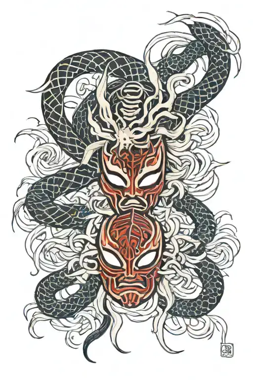 Two Japanese masks, spider lily, snake tattoo design idea