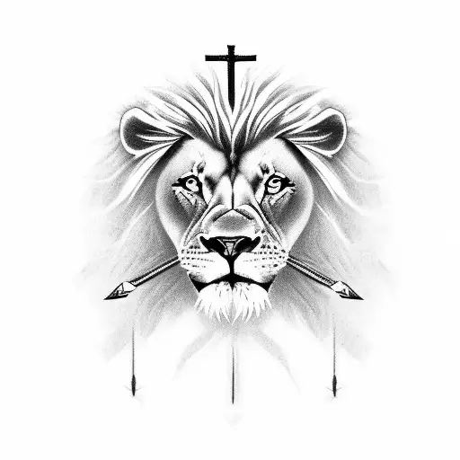 A Christian-themed tattoo combining a lion and a cross made of spears tattoo design idea