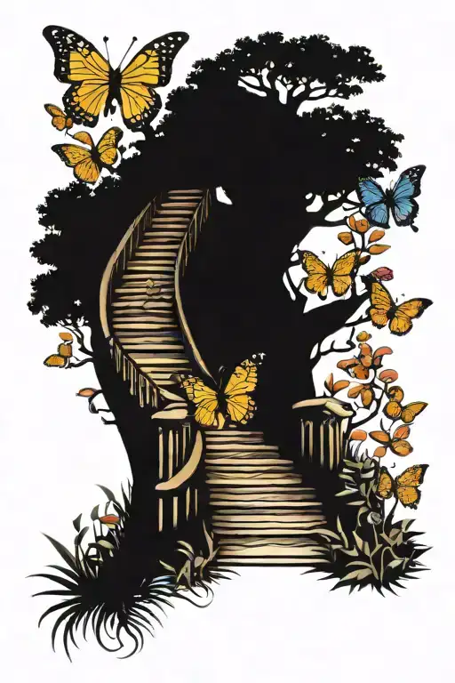 stairway of books with tree of life and butterflies tattoo design idea