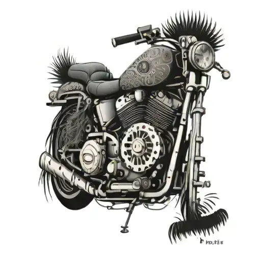 Motorcycle engine block with intricate numerical patterns and beşiktaş emblem, accented with black and grey eagle feathers tattoo design idea