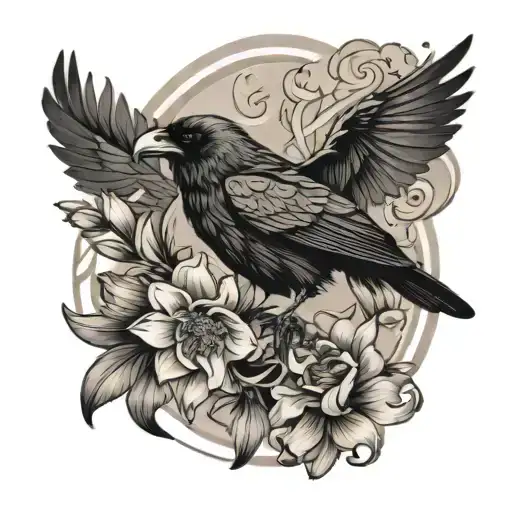 A black and grey tattoo of a raven perched on a hyacinth flower, with musical notes swirling around them tattoo design idea