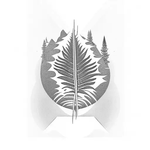 A mountain bordered by silver fern leaves with a silhouette of a carnival at the bottom of the mountain. tattoo design idea