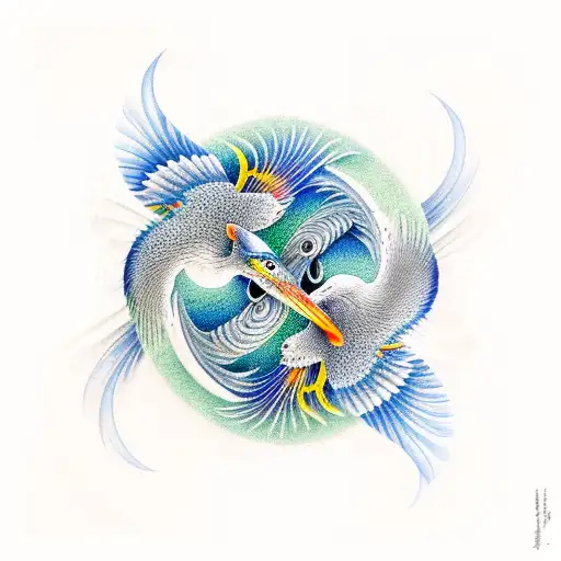 A blue heron feather curving downwards over a splashing pinook fish that is curving upwards similar to yin yang tattoo design idea